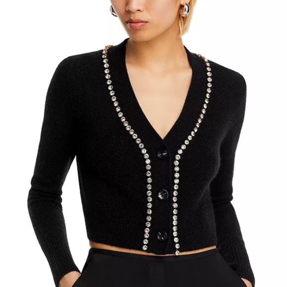 Luxurious 100% Cashmere V Neck Cardigan with Rhinestone Detail By Aqua in Black - Picture 7 of 7